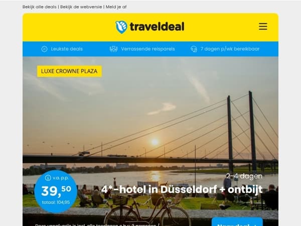 ⚡ NERGENS GOEDKOPER! ⚡ Stedentrip Düsseldorf + ontbijt + drankje v.a. 39,50 | LUXE 5*-hotel Arnhem + ontbijt & wellness v.a. 69,50 p.p.! 😱