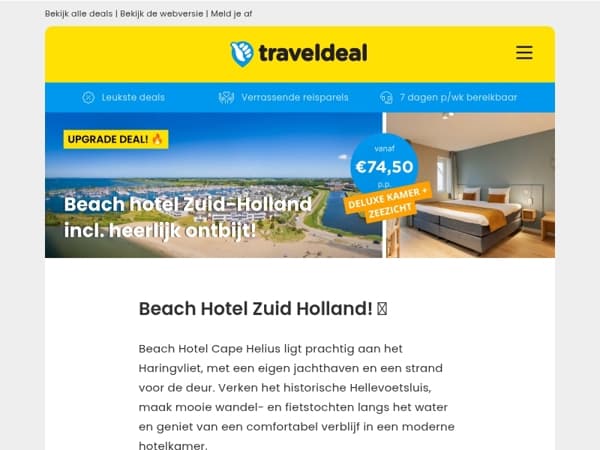 🏖️🐚 Beach Hotel Zuid-Holland + privéstrand + DELUXE kamer & ontbijt 74,50 p.p.!