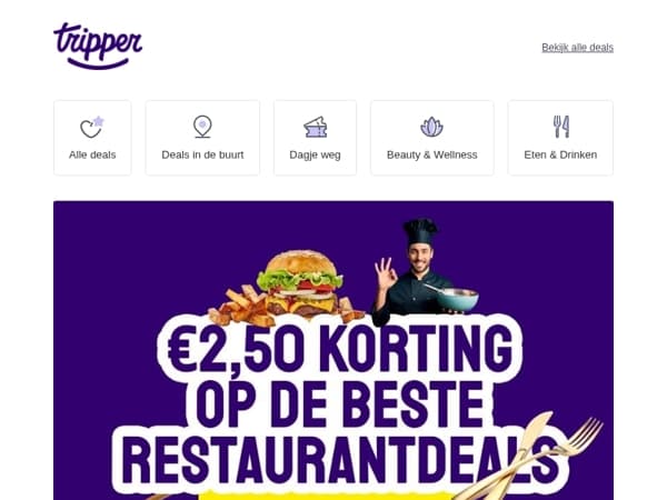 Vandaag €2,50 éxtra korting op alle restaurantdeals