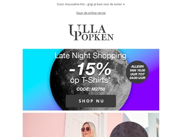Late Night Shopping: 15% korting op T-shirts 😱 Alleen tot middernacht!