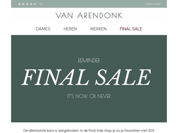 Final Sale Reminder – laatste kans op 50% korting.