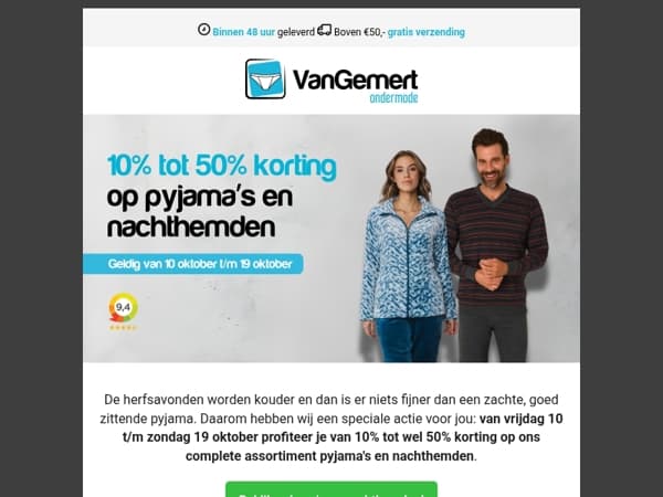 10% tot 50% korting op alle pyjama's en nachthemden