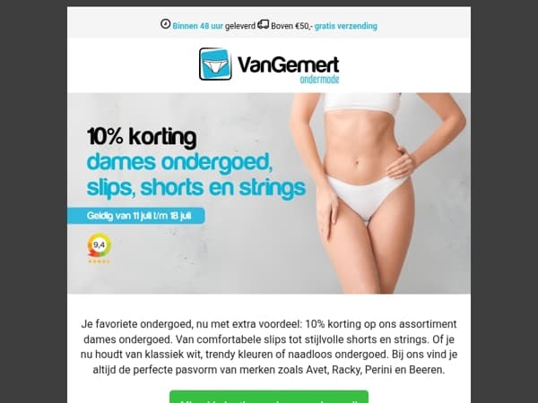 10% korting op dames ondergoed, slips, shorts en strings