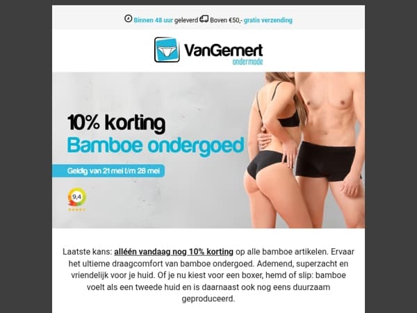 Laatste dag: 10% korting op bamboe ondergoed!