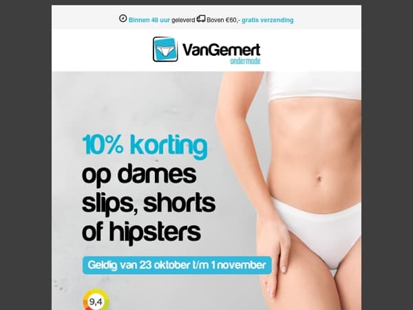 10% korting op dames slips, shorts of hipsters