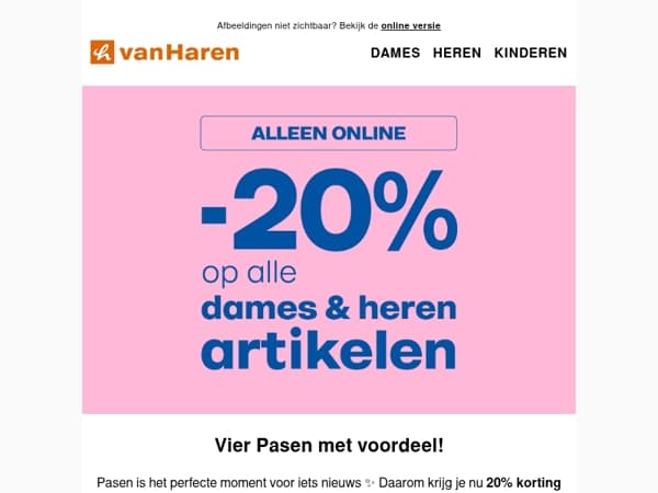 Nu -20% op alle herenartikelen 🐣