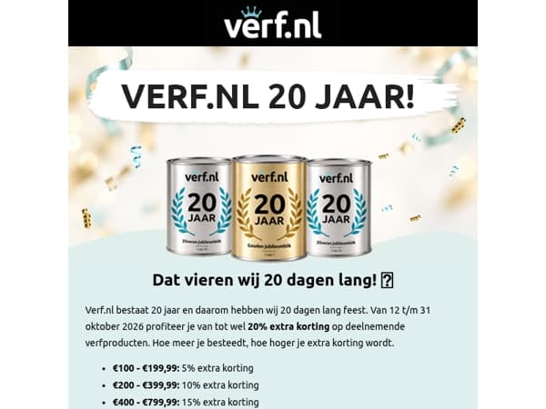 Verf.nl bestaat 20 jaar: tot 20% extra korting!🥳