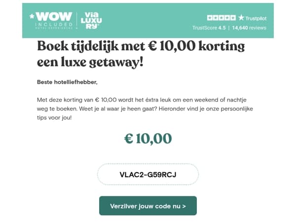 € 10,00 extra korting op een luxe getaway!