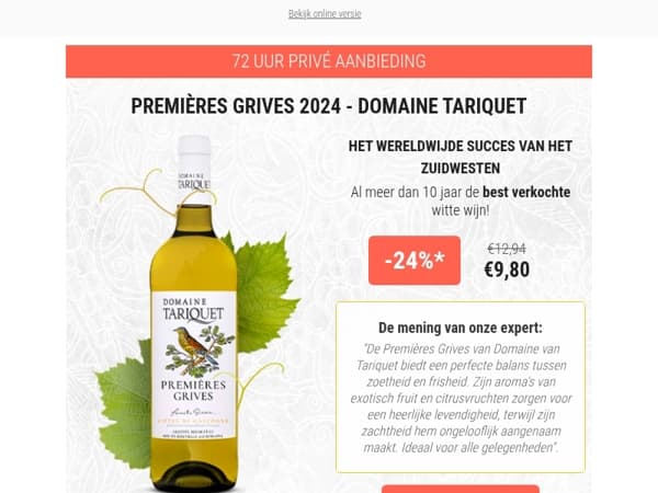 72 uur ⏳ Privé Aanbieding: 24% korting op Tariquet Premières Grives 2024
