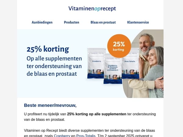 25% korting op alle supplementen voor blaas en prostaat
