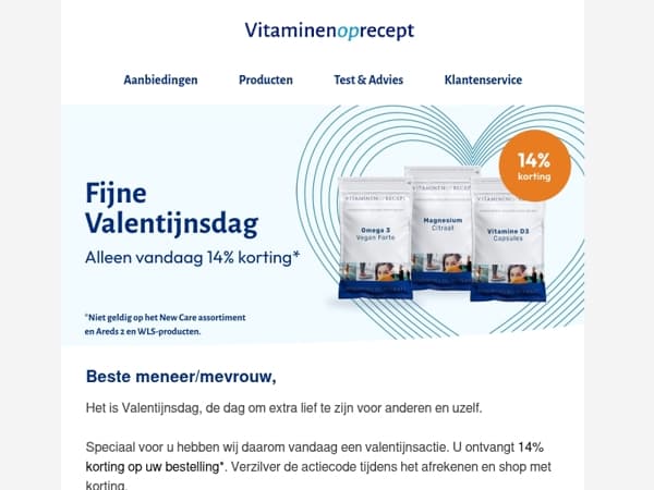 Valentijnsactie: 14% korting op uw bestelling! 💙