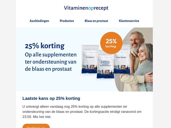 Laatste kans: 25% korting op alle supplementen voor blaas en prostaat