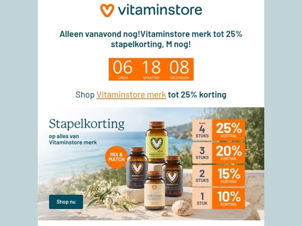 De klok tikt.. tot 25% stapelkorting op Vitaminstore merk & andere acties!