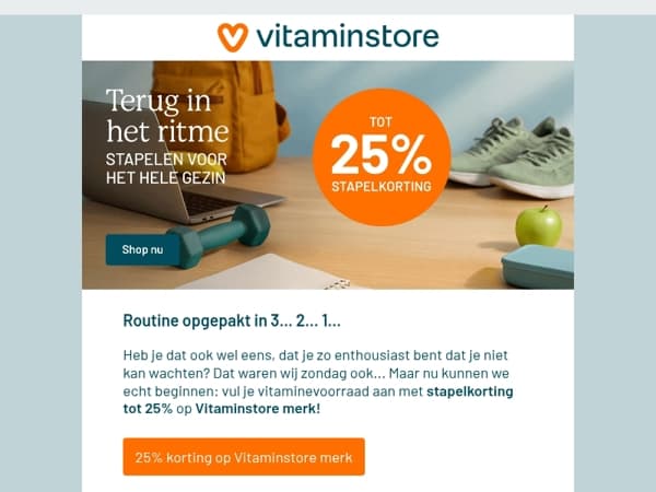 Nu gaan we echt van start: 25% stapelkorting op Vitaminstore merk