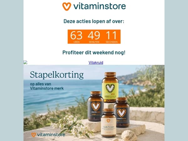 25% op Vitakruid, tot 25% korting stapelen op Vitaminstore merk & 50% korting op MÁDARA haarproducten