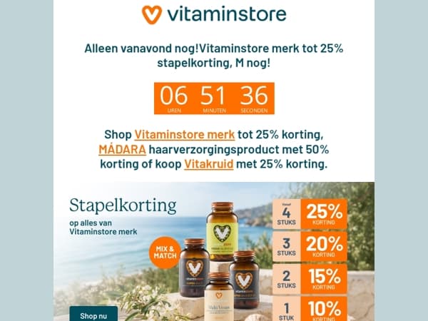 De klok tikt.. tot 25% stapelkorting op Vitaminstore merk & andere acties!