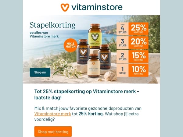 Laatste dag - tot 25% stapelkorting op Vitaminstore merk!