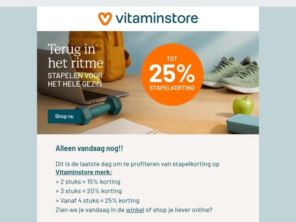 Laatste dag - tot 25% korting op Vitaminstore merk