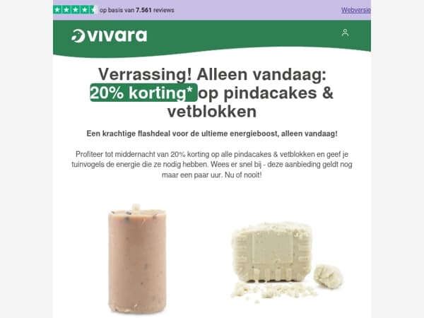 ⌛ Alleen vandaag: -20% op pindacakes & vetblokken 