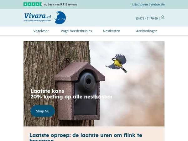 Eindigt vanavond 🌙 20% korting op alle nestkasten