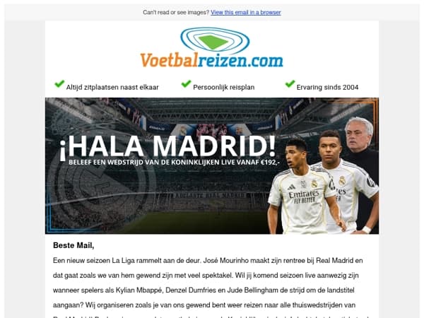 👑Mail Dit is jouw kans om het Mourinho's Real Madrid live te zien!