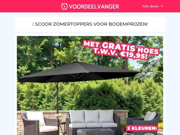 💯 Spotgoedkoop, Groot én Stijlvol: Zweefparasol (-73% KORTING) / Airco 7.000 BTU / Vliegengordijn / AXE Deo Spray / Campingdouche