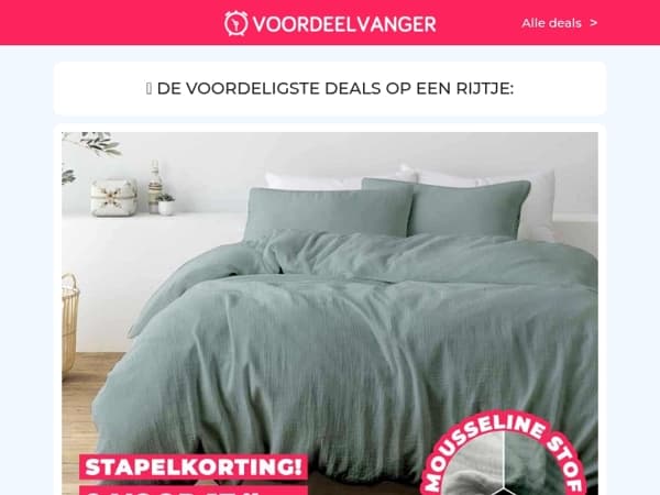 😱 NERGENS GOEDKOPER: Mousseline Dekbedovertrek -75% / Double Stack Airfryer / Houten Tuinbank / Thermosbeker 1+1 / Laser Afstandsmeter