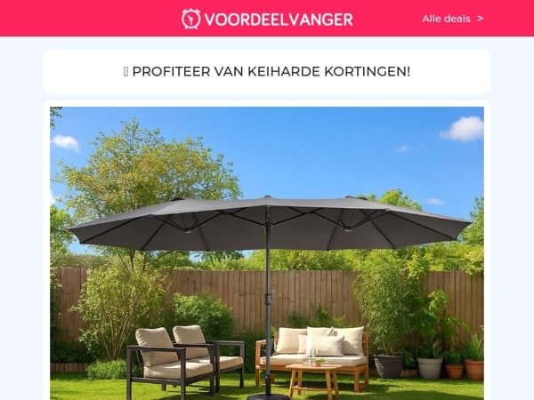 🎉 70% KORTING: Dubbele Parasol (OP=OP) / Bladeless Ventilator / Dash Wasmiddel / EasyUp Partytent / Hogedruk Spuit