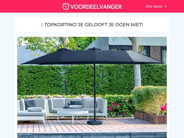 🥵 Nergens Goedkoper: Dubbele Parasol -70% Korting / Tuinbank / Oplaadbare Buitenlamp / Transport Trolley 1+1 / Lichtslinger