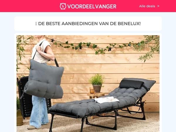 60% KORTING: Tuin Ligbed + Kussen / Bolderkar 100L / Teken- En Verfset / Slimme Stekkers 2+2 / Telefoonhouder 1+1