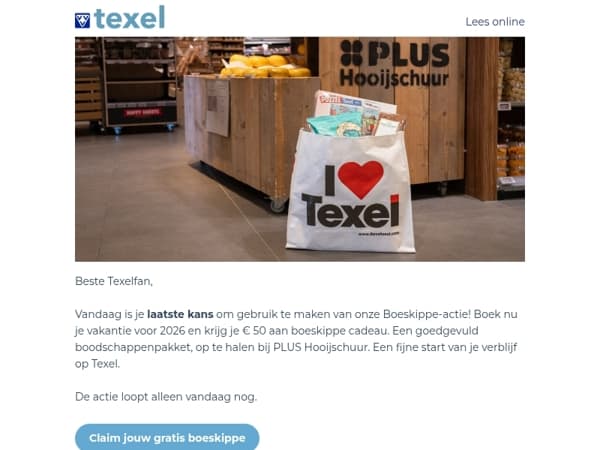 Alleen vandaag nog: € 50 boeskippe bij je Texelvakantie