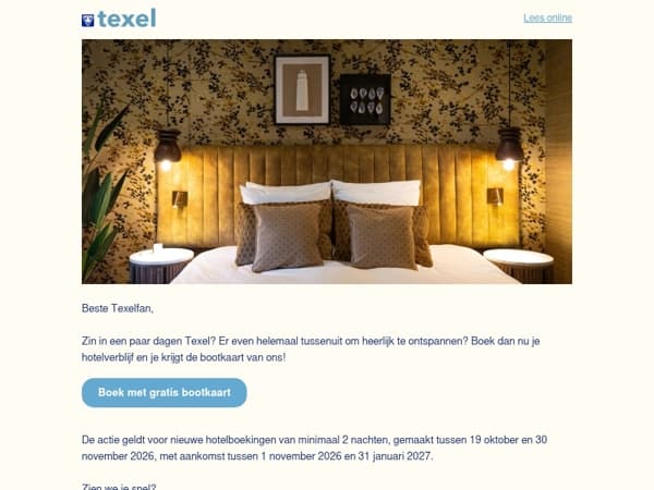 Beste Texelfan, wil jij een gratis bootkaart bij je boeking?