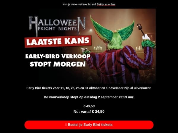 🧟 Laatste kans: Early Bird Halloween stopt morgen!