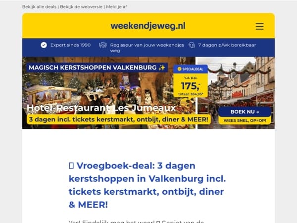 ☀️ Kerst voelt misschien ver weg… Maar deze deal wil je nú! 🎄✨ 3 dgn kerstshoppen Valkenburg + tickets kerstmarkt, ontbijt, diner & MEER vanaf €175,- p.p.!
