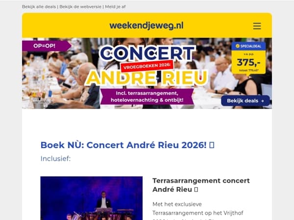 ✨ NIEUW: Concert André Rieu 2026 🎻 + terrasarrangement + LUXE overnachting + ontbijt & meer v.a. 375,- p.p.! 😱