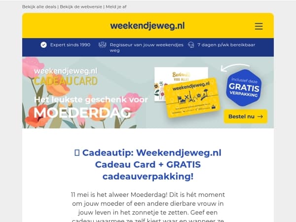 🎁 Cadeautip voor Moederdag: Geef de Weekendjeweg.nl Cadeau Card + GRATIS cadeauverpakking! 💖💐