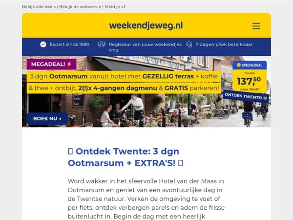 💚 MEGA TWENTE DEAL! ⚡ 3 dgn Ootmarsum vanuit hotel met GEZELLIG terras + koffie/thee + ontbijt, 2(!)x 4-gangen dagmenu & GRATIS parkeren v.a. 137,50 p.p.! 🔥