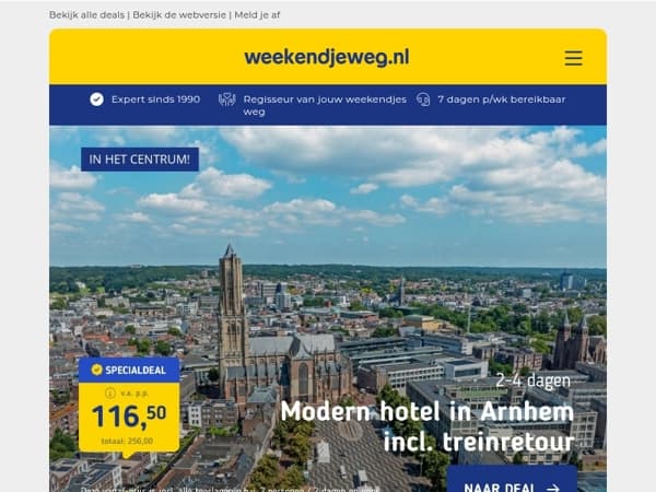 Nieuw hotel Arnhem + ontbijt en NS treinretour v.a. 116,50 | 4*-familiehotel nabij Disneyland® Paris + ontbijt v.a. 90 p.p.!