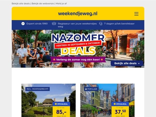 ☀️ Verleng je zomer NOG ÉÉN KEER met onze NAZOMER DEALS v.a. 34,50 p.p.! 😍