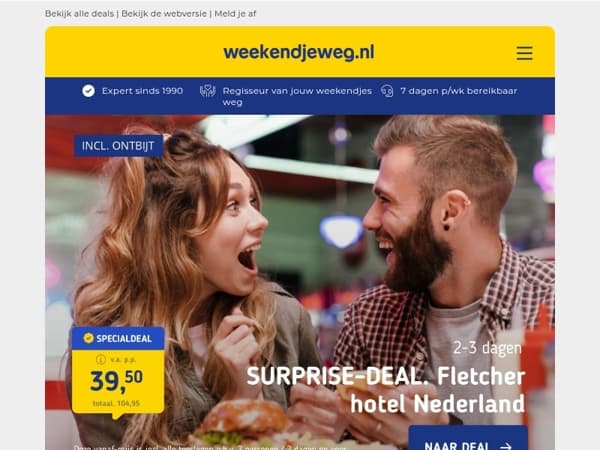 💥 SURPRISE-DEAL: 3*-Fletcher verrassingshotel + ontbijt v.a. 39,50 p.p. | 4*-hotel Rotterdam + NS-treinretour & ontbijt v.a. 97,50 p.p.!