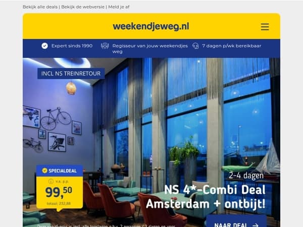 NS 4*-Combi Deal Amsterdam v.a. 99,50 🤩 | All-inclusive Teutoburgerwoud v.a. 119 p.p.!