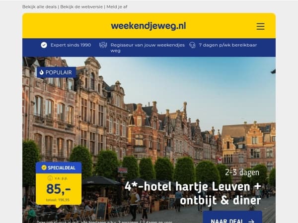 4*-hotel in hartje Leuven + ontbijt & diner v.a. 85 | Luxe Suite Eindhoven + Bubbelbad v.a. 99,50 p.p.!