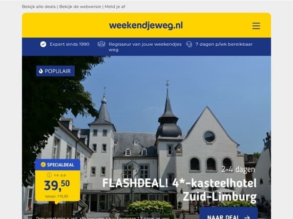 FLASHDEAL! 🔥 4*-kasteelhotel Zuid-Limburg + ontbijt v.a. SLECHTS 39,50 p.p. | Exclusieve deal Wunderland Kalkar + all-inclusive v.a. 93,50 p.p.!