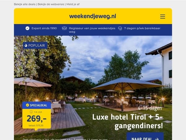 🔥 Deze 3 deals vliegen eruit: Tirol, Leiden & de Duitse Rijn vanaf €69,50 p.p.!