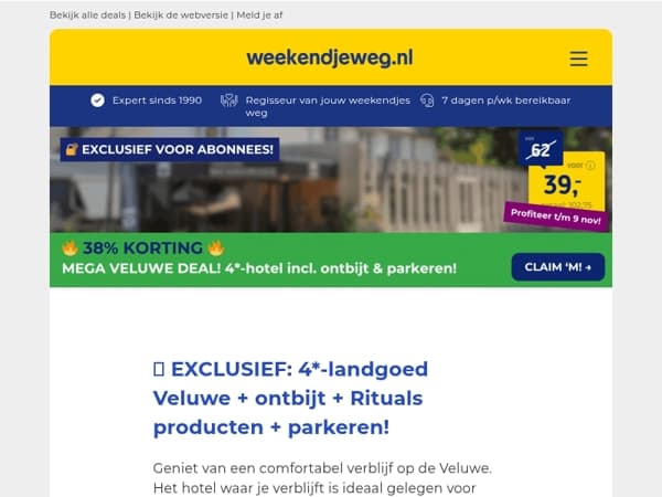 🔐 EXCLUSIEVE DEAL: 38% KORTING! 🔥 4*-landgoed Veluwe + ontbijt + GRATIS parkeren v.a. 39,- p.p.! 😱🤯