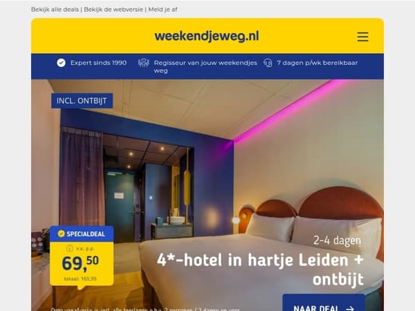 🏖️ 2-4 dgn LUXE 4*-hotel in Leiden nabij Katwijk + ontbijt v.a. 69,50 | 3 dgn Limburg + ontbijt & diner v.a. 109 p.p.! 🤯