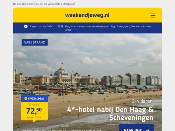 Buitenkansjes! 🏖️ 4*-hotel Den Haag & Scheveningen v.a. 72,50 | Zonvakantie Chalkidiki v.a. 359 | Cruise Noordwest-Europa v.a. Rotterdam v.a. 499 p.p.!