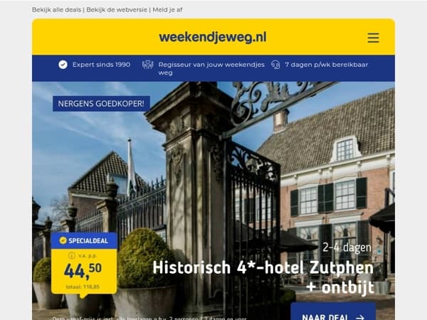 Nergens goedkoper! 🚨 Historisch 4*-hotel hartje Zutphen v.a. 44,50 | LUXE 4*-Suite + XXL Bubbelbad Amersfoort + ontbijt 94,50 p.p.!