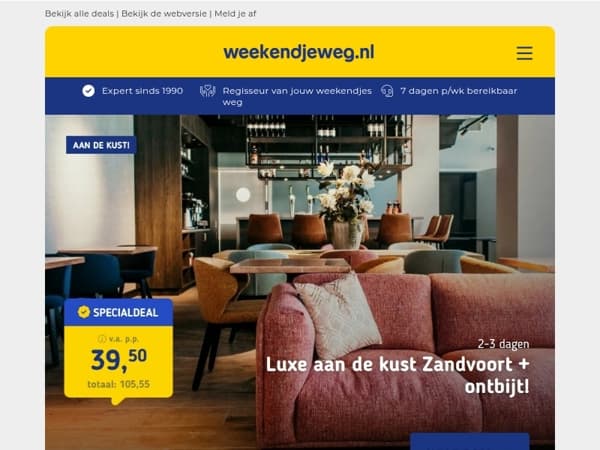 Luxe aan de kust van Zandvoort + ontbijt v.a. 39,50 | Verblijf in hartje Arnhem + ontbijt v.a. 64,50 p.p.!