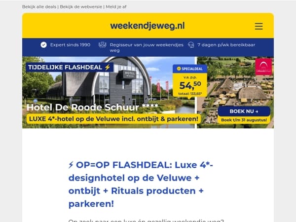 ⚡ OP=OP FLASHDEAL: Luxe 4*-designhotel op de Veluwe + ontbijt + Rituals producten + parkeren vanaf 54,50 p.p.! 😱🤯